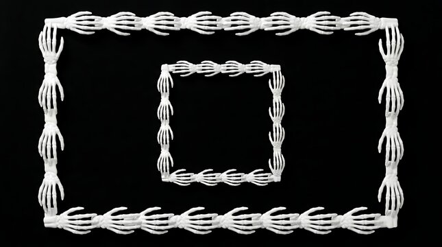 Abstract digital art featuring two concentric rectangular frames composed of repetitive white skeletal hand patterns against a solid black background