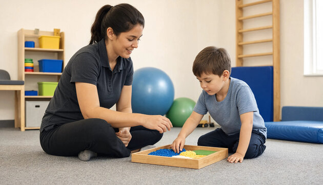 Child development specialist working with a young boy sitting on floor in therapy room occupational therapy motor skills playing game occupational therapist learning toys early interventi