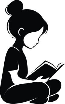Girl Reading Book Silhouette, Young Student Studying, Minimalist Black And White Educational Vector Illustration
