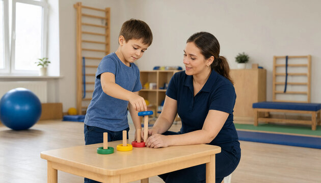 Young boy stacking colorful rings on wooden peg toy during occupational therapy session with female specialist child development fine motor skills pediatric therapy learning toys preschool