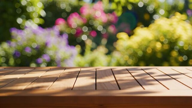 Wooden table with sunlit shadows in a summer garden with soft focus colorful flowers and green leaves