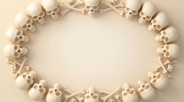 A circular frame made of realistic human skulls and bones arranged in a decorative pattern on a light beige background