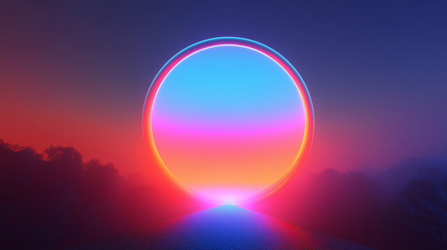 Abstract 3D neon portal ring in surreal misty landscape, retro futuristic synthwave scene with glowing colorful circular gateway in dark blue, pink and vibrant orange tones
