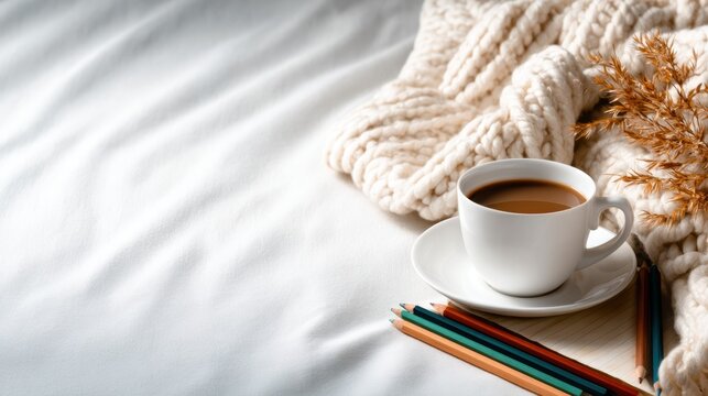 A warm cup of coffee rests on a soft, knitted blanket, complemented by colored pencils and a notepad, creating a cozy and inviting atmosphere for relaxation.