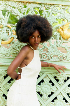 Woman Poses in Front of an Ornate Background at a Sunny Location