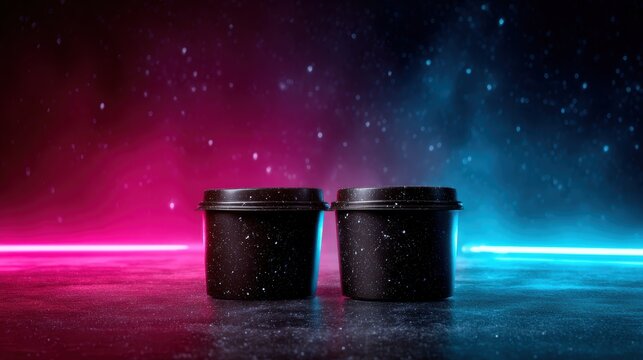 Two mysterious black containers stand prominently in a cosmic landscape of swirling colors and ethereal light, suggesting themes of exploration and the unknown in a captivating artistic setting.