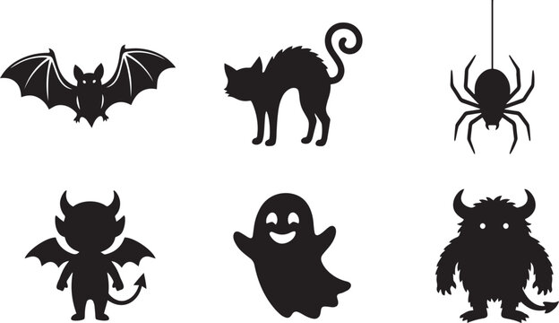 Set of black silhouettes featuring spooky characters and creatures for festive halloween party decorations and graphic design