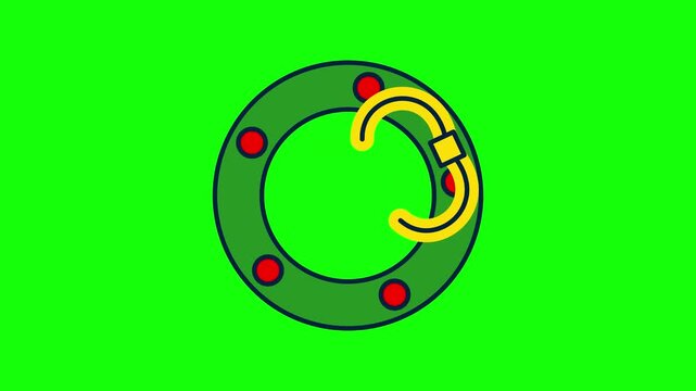Minimalist flat icon illustration of a green lifebuoy with red circular markings and a yellow rescue rope attached, isolated on a solid bright green background for graphic design.