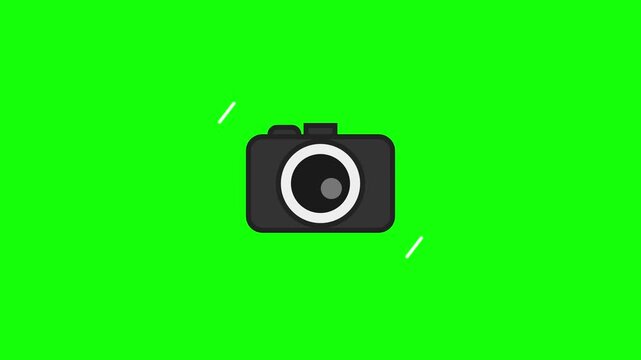 2D stylized camera icon with black body and white circular lens element featuring a white flash starburst effect on a solid neon green chroma key background for video editing.