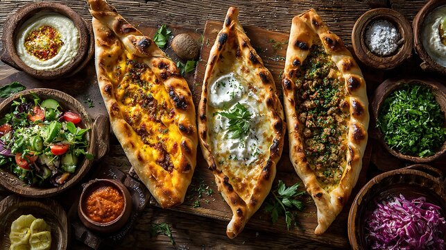 Turkish pide flatbreads with assorted toppings are arranged with fresh meze dishes.