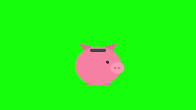Flat design illustration of a pink piggy bank with a gold coin above the slot on a bright green background. Conceptual visual for personal finance, savings, and investment themes.