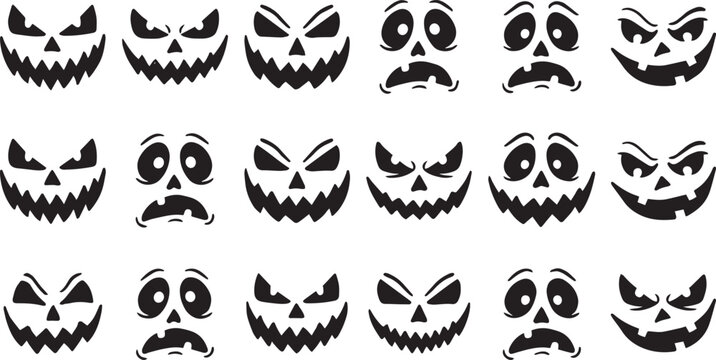 Set of scary carved pumpkin faces for halloween decorations and spooky holiday party design elements collection