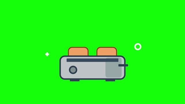 Flat vector illustration of a grey electric kitchen toaster with two slices of toasted bread popping up against a solid green background with steam lines and decorative shapes.