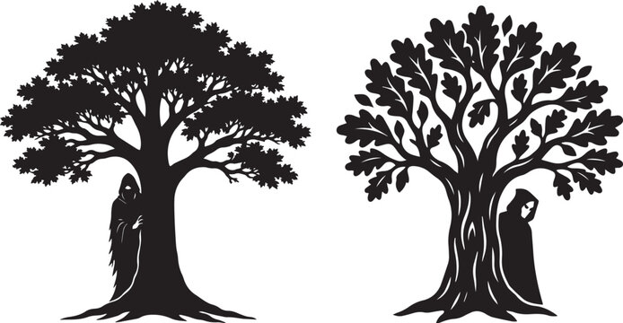 Two spooky black silhouettes of mysterious hooded figures standing behind large trees for a dark halloween theme