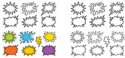 Comic speech bubbles and explosion burst collection, colorful and outline pop art comic book sound effect frames vector illustration © MMONIR