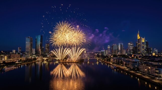 Fireworks exploding over riverfront city skyline at night with golden light reflections.