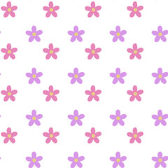 Obraz premium Vector illustration. Seamless pattern of pastel pink, purple flowers on a white background. Delicate floral pattern, field of small flowers, print for fabric, textile, wallpaper