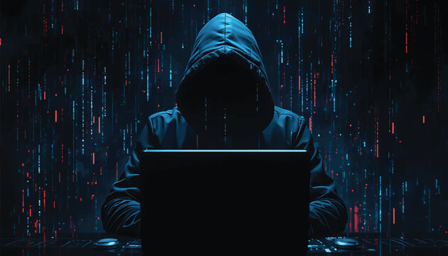 A mysterious hooded hacker sitting before a computer screen surrounded by falling digital code in a dark room