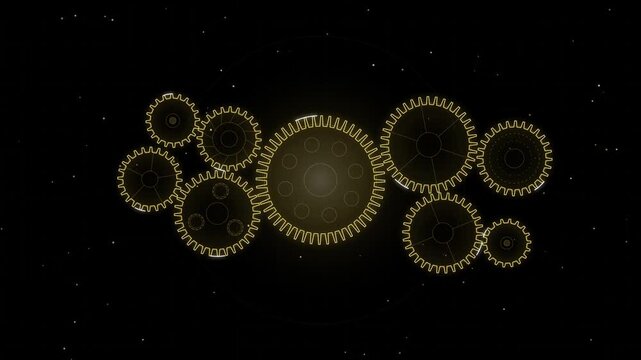 Golden mechanical gear system animation: rotating industrial cogs and engineering concept background