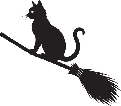 A black cat sitting on a flying witch broomstick isolated on a white background for halloween design