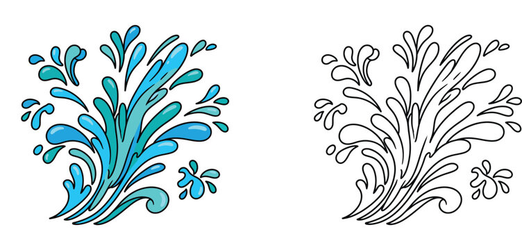 Hand Drawn Water Splash Vector Illustration with Color and Line Art Outline for Graphic Design