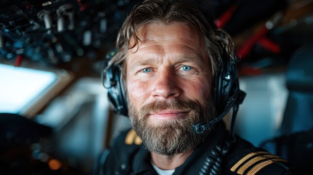 A charismatic portrait of a male pilot wearing a headset in an aircraft cockpit, exuding confidence and professionalism against a backdrop of aviation controls.
