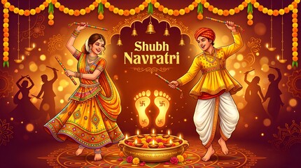 Fototapeta premium Shubh Navratri Festival Banner with Garba Dancers, Sacred Footprints and Traditional Indian Decorations