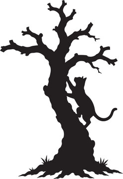 Black silhouette of a cat climbing a bare spooky tree isolated on a white background