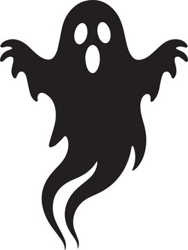A simple black silhouette of a spooky ghost character isolated on a white background for halloween celebrations