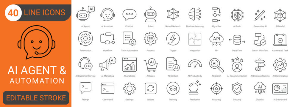 Ai Agent And Automation Line Icon Set With Editable Stroke, Artificial Intelligence, Chatbot, Robot, Neural Network, Machine Learning, Workflow, Analytics, Marketing And Digital Technology Symbols