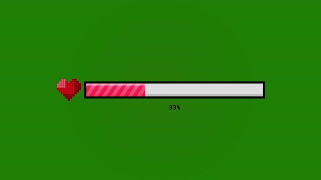 Loading bar pixel with heart. Pixel art health bar with red heart icon, retro gaming life meter on green screen, 8-bit video game loading progress bar