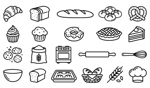 Untitled design - 1Bakery bread pastry and baking tools outline icon vector collection