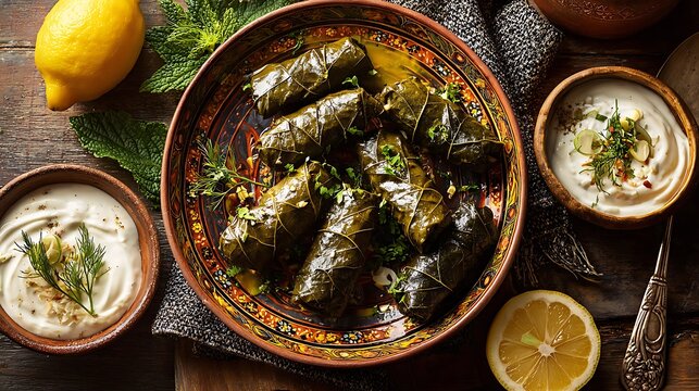Stuffed grape leaves dolmas are served with fresh lemon slices and yogurt dip.