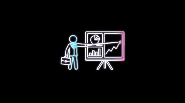 Business person giving a professional presentation with financial charts on a neon board showing growing company profit and market data analytics