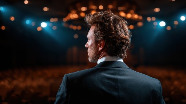 A dapper businessman stands confidently at a conference stage, surrounded by a soft glow of lights, ready to address an engaged audience eagerly awaiting his insights.
