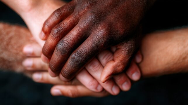 A powerful visual showcasing hands of different skin tones coming together in unity, symbolizing diversity, collaboration, and mutual support within a community.