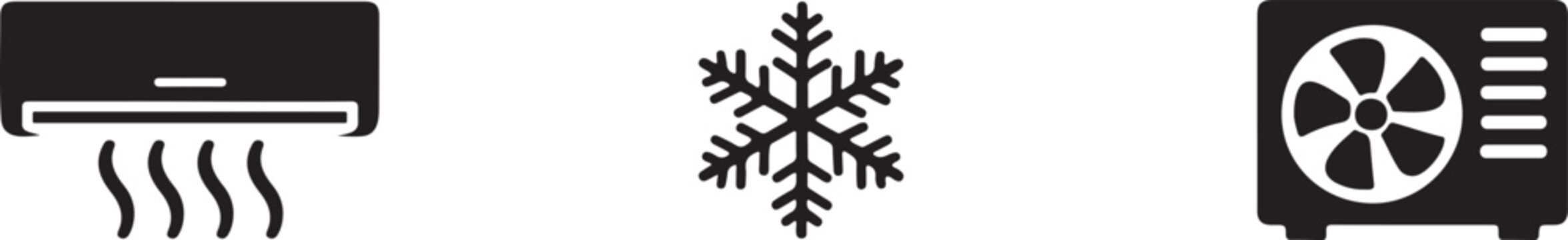 Black air conditioner unit and snowflake glyphs set for cooling system icon vector design.