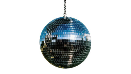 Obraz premium Reflective disco ball with small square mirror tiles hanging from a metal chain for party lighting effects isolated on a transparent background