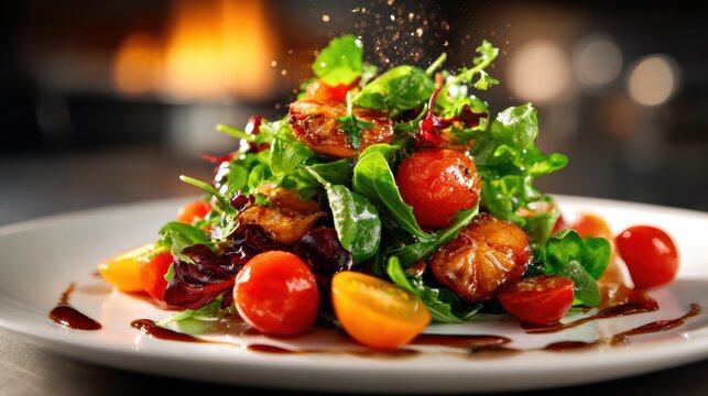 A colorful salad featuring fresh greens, grilled shrimp, and cherry tomatoes, drizzled with balsamic glaze for an elegant and healthy meal option that tantalizes the taste buds.