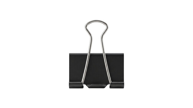 Black binder clip for office organization, professional metal paper clamp, industrial stationery supply for document management isolated PNG with Transparent Background