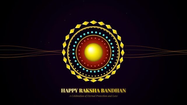 Happy raksha bandhan golden rakhi mandala with silk threads on dark purple festive background