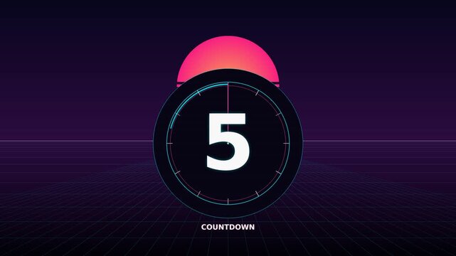 A digital clock counts down against a vibrant retro synthwave background with glowing grid lines and a neon sunset.
