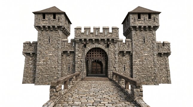 Medieval stone castle gatehouse with drawbridge and towers in a historic fortress