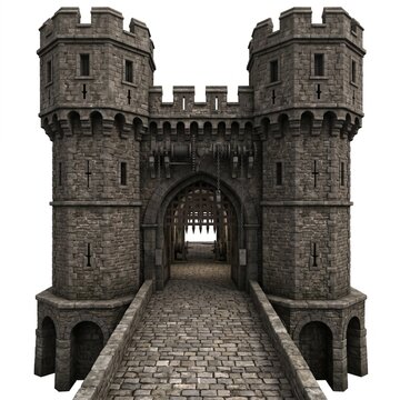 Medieval stone gatehouse with twin towers and arched bridge entrance in gothic style