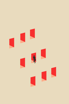 Business opportunity or career success vector concept with man choose the red door. Symbol of courage, ambition, having a goal, inspiration
