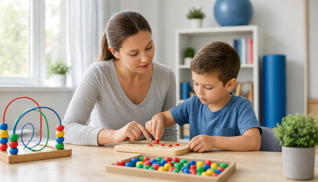 Pediatric occupational therapist helping a young boy with developmental peg and bead toys developmental toy bead game educational toy speech therapy preschool learning child psychology