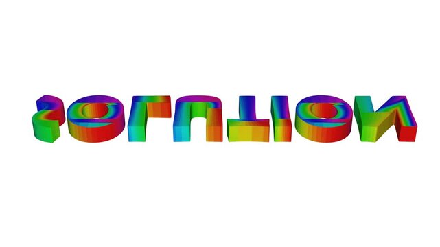 Seamless colorful 3D solution text rotating on white background. 3D motion graphic animation featuring the word "SOLUTION" rendered in colorful typography, continuously rotating on white background.