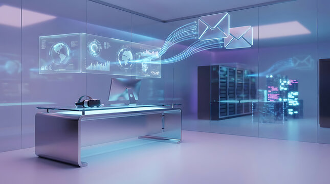 Futuristic modern office room with glowing email icons and server racks