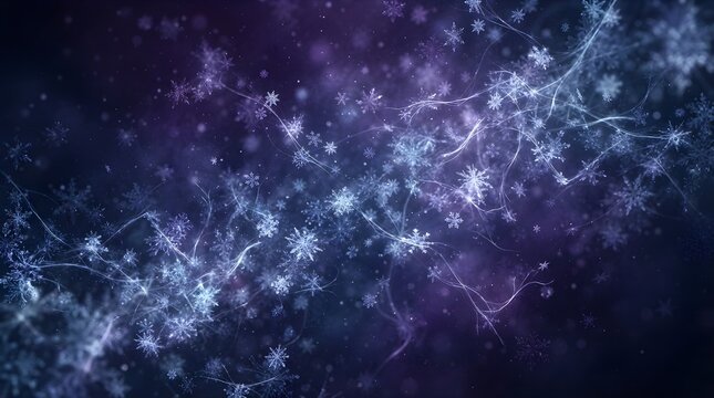Abstract winter background with glowing snowflakes swirling across a dark purple and blue cosmic backdrop glowing snow winter magic holiday background christmas background snow swirl backdrop