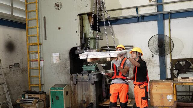 Logged sheet metal inspection notes go straight into the laptop as the overhead crane holds the wrapped bundle steady